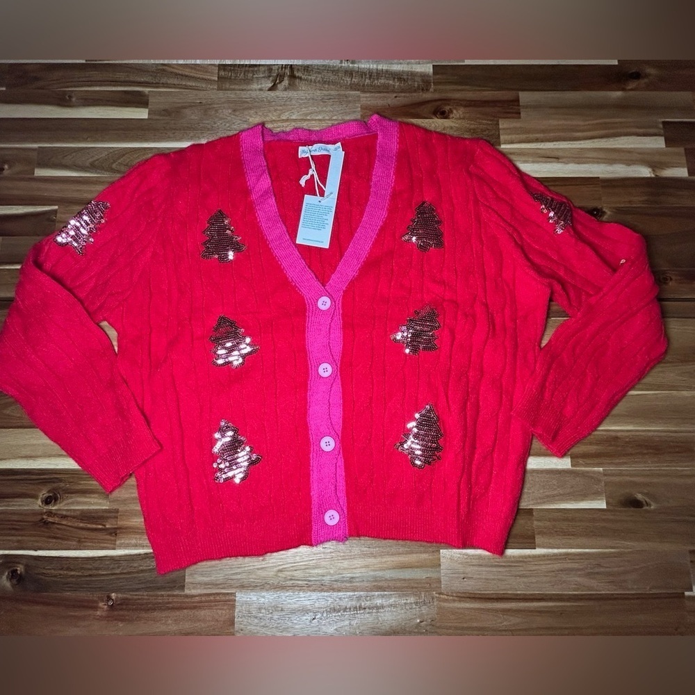 Southern Grace Bright Red Button Down Oversized Cardigan Pink Trim Sequin Trees - Picture 3 of 11
